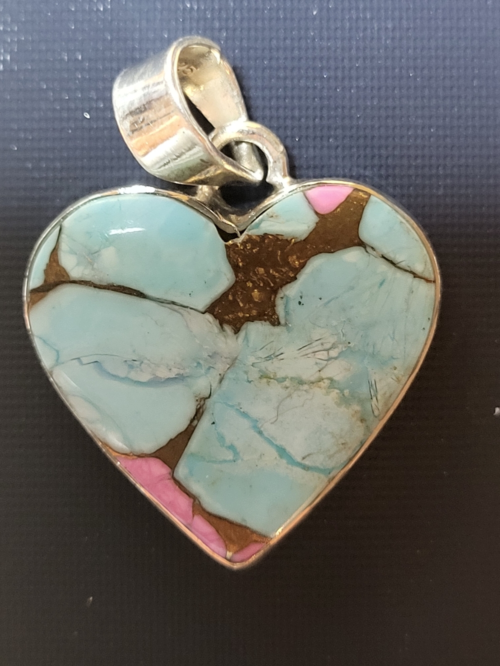 Cotton Candy Dahlia Turquoise Heart Inlay Pendant with Pink Accents 925 Sterling